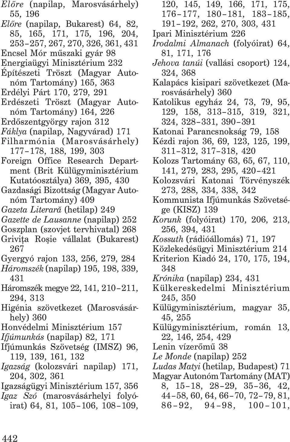 Filharmónia (Marosvásárhely) 177 178, 188, 199, 303 Foreign Office Research Department (Brit Külügyminisztérium Kutatóosztálya) 369, 395, 430 Gazdasági Bizottság (Magyar Autonóm Tartomány) 409 Gazeta