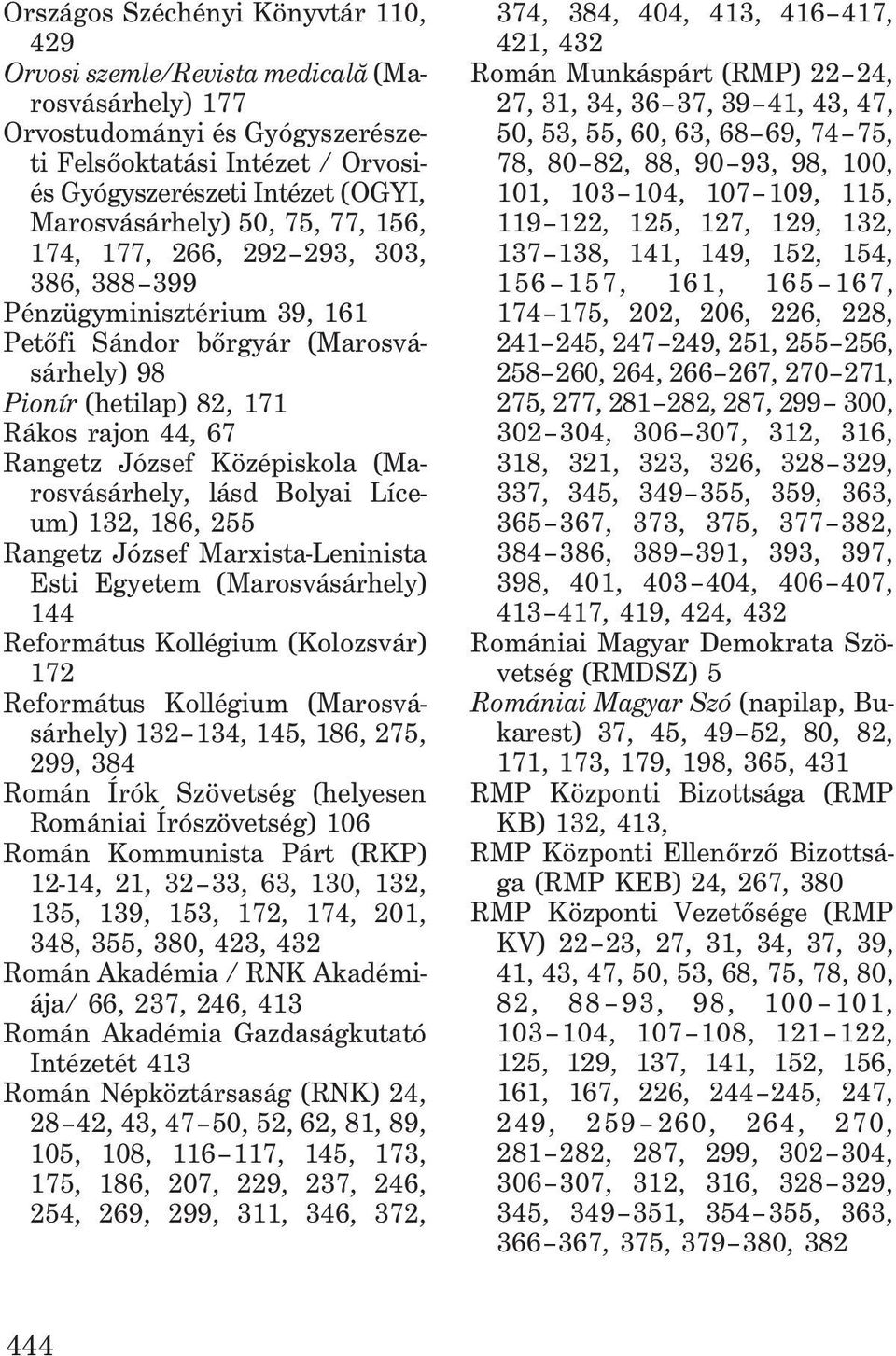 József Középiskola (Marosvásárhely, lásd Bolyai Líceum) 132, 186, 255 Rangetz József Marxista-Leninista Esti Egyetem (Marosvásárhely) 144 Református Kollégium (Kolozsvár) 172 Református Kollégium