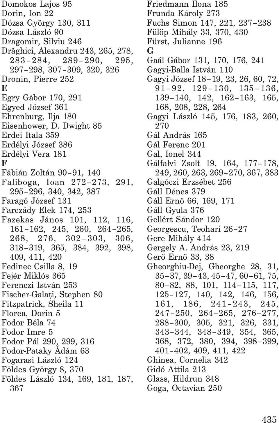 Dwight 85 Erdei Itala 359 Erdélyi József 386 Erdélyi Vera 181 F Fábián Zoltán 90 91, 140 Faliboga, Ioan 272 273, 291, 295 296, 340, 342, 387 Faragó József 131 Farczády Elek 174, 253 Fazekas János