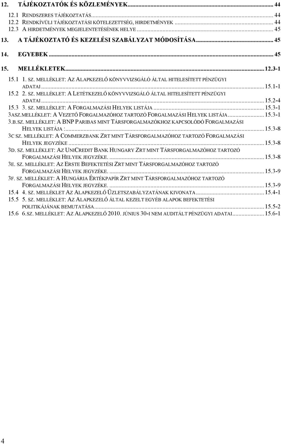 SZ. MELLÉKLET: A LETÉTKEZELŐ KÖNYVVIZSGÁLÓ ÁLTAL HITELESÍTETT PÉNZÜGYI ADATAI...15.2-4 15.3 3. SZ. MELLÉKLET: A FORGALMAZÁSI HELYEK LISTÁJA...15.3-1 3ASZ.
