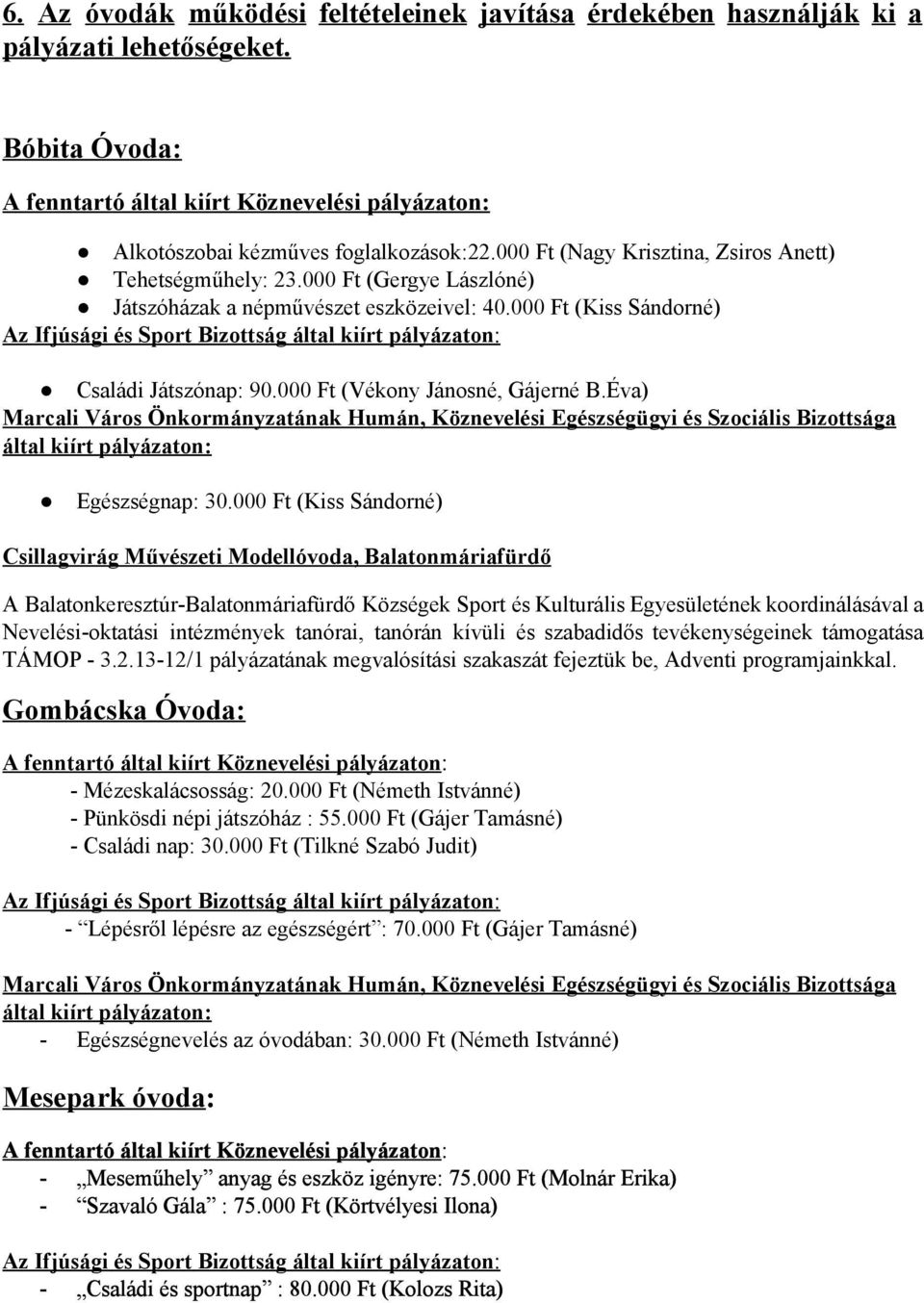 000 Ft (Kiss Sándorné) Az Ifjúsági és Sport Bizottság által kiírt pályázaton : Családi Játszónap: 90.000 Ft (Vékony Jánosné, Gájerné B.