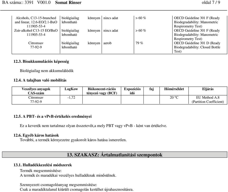 Manometric Respirometry Test) nincs adat > 60 % OECD Guideline 301 F (Ready Biodegradability: Manometric Respirometry Test) aerob 79 % OECD Guideline 301 D (Ready Biodegradability: Closed Bottle