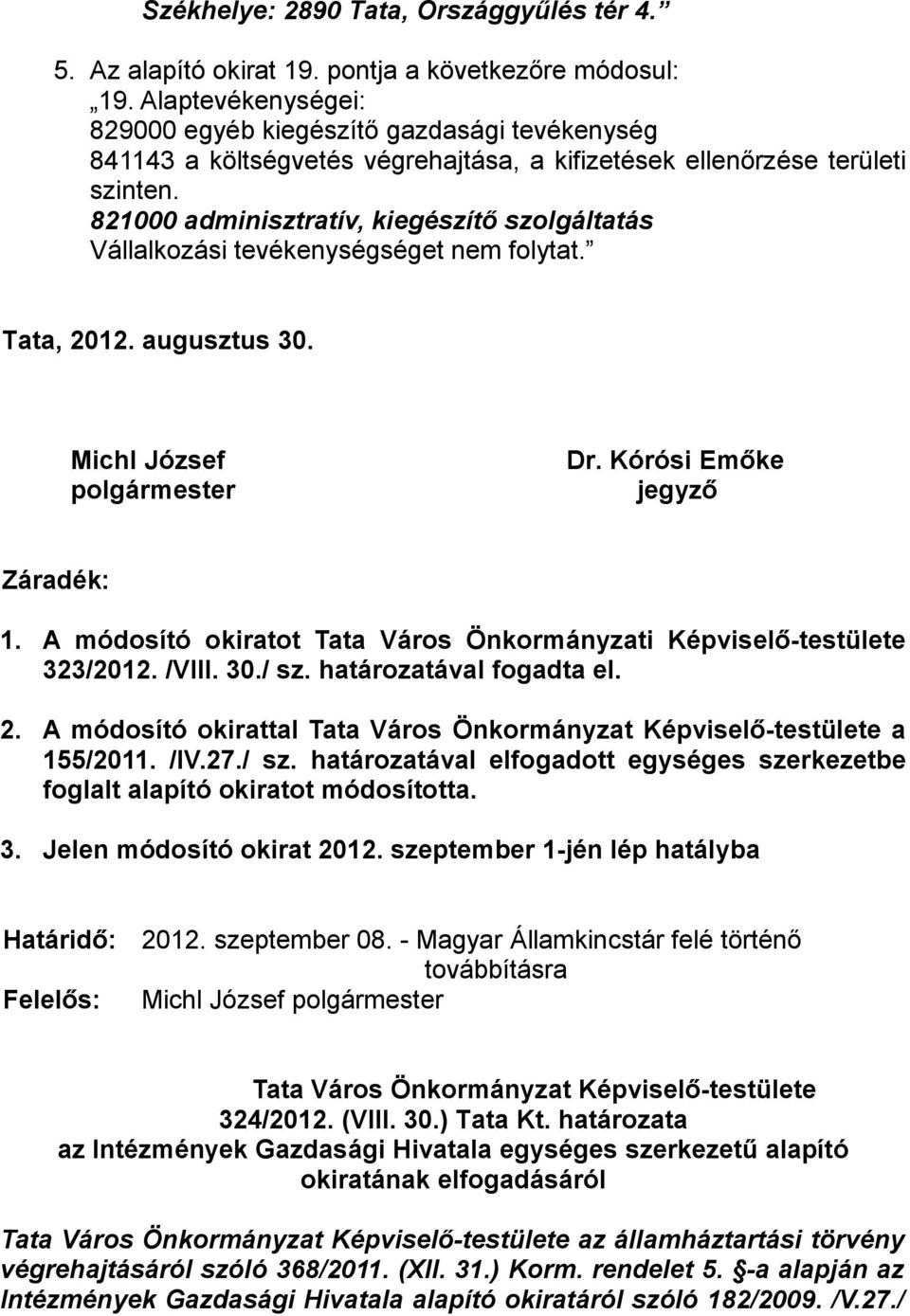 821000 adminisztratív, kiegészítő szolgáltatás Vállalkozási tevékenységséget nem folytat. Tata, 2012. augusztus 30. Michl József polgármester Dr. Kórósi Emőke jegyző Záradék: 1.