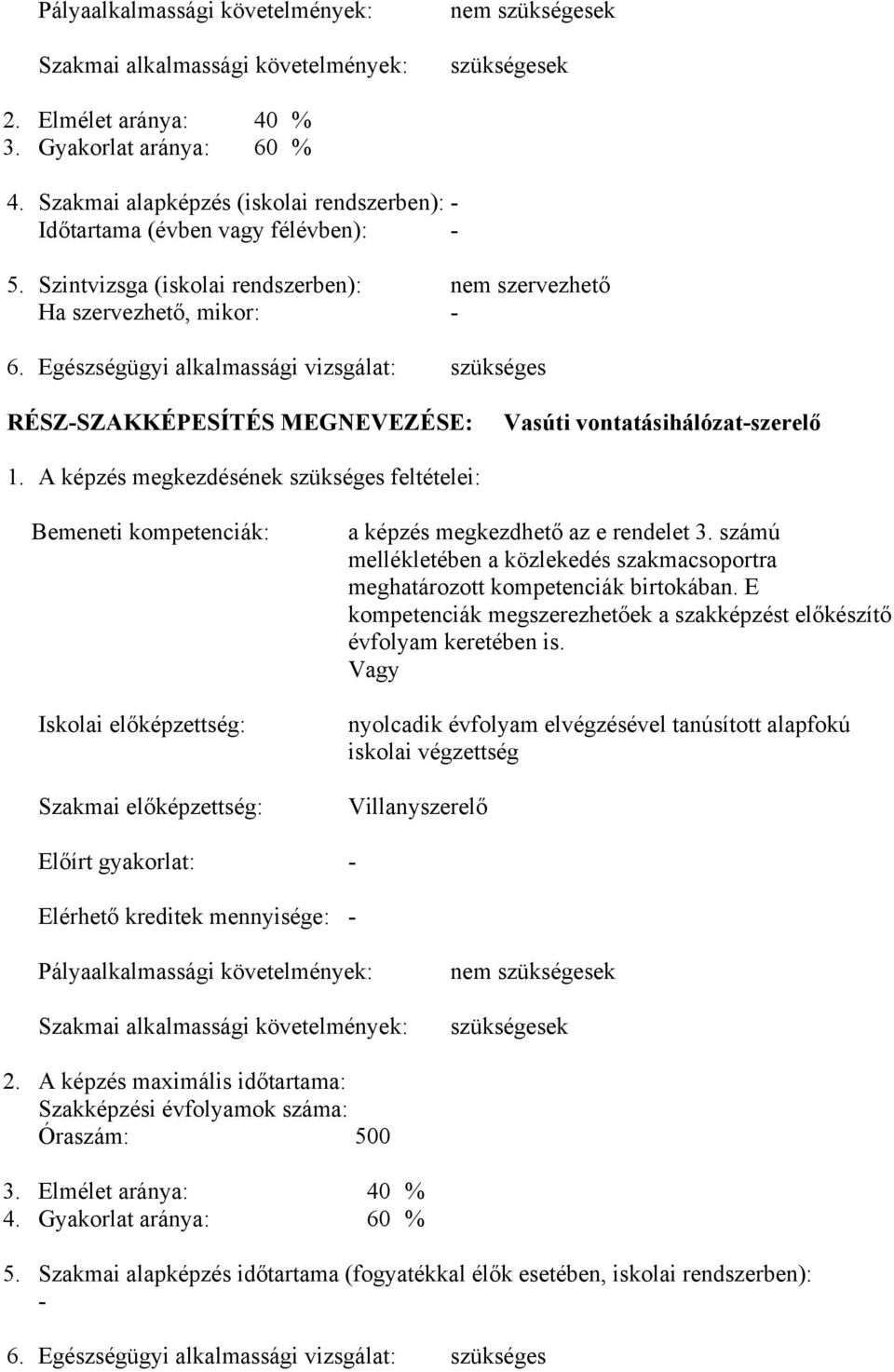 Egészségügyi alkalmassági vizsgálat: szükséges RÉSZ-SZKKÉPESÍTÉS MEGNEVEZÉSE: Vasúti vontatásihálózat-szerelő 1.