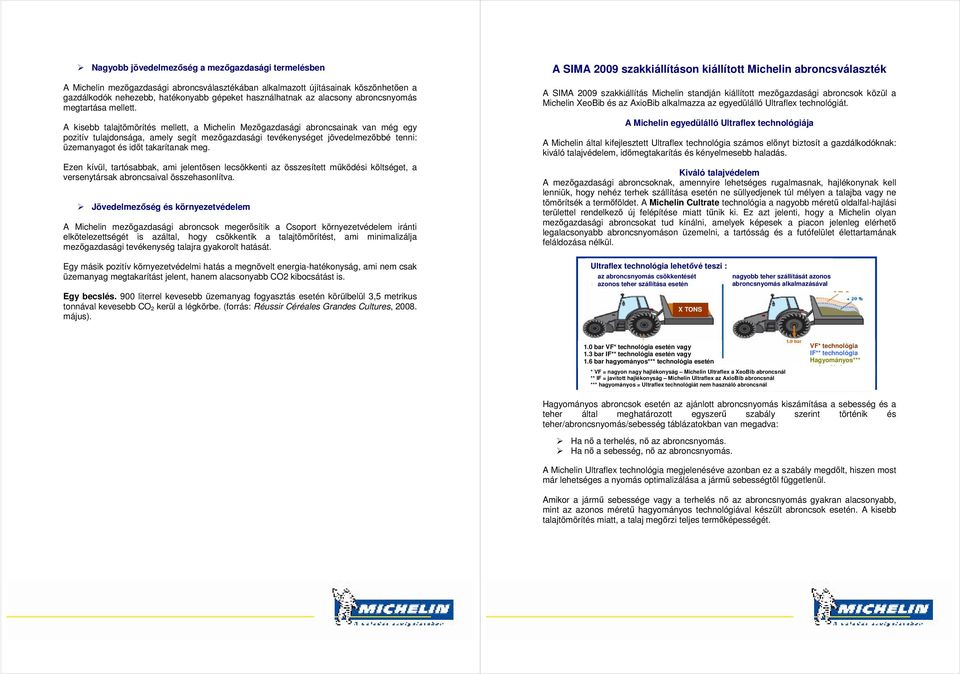 A kisebb talajtömörítés mellett, a Michelin Mezıgazdasági abroncsainak van még egy pozitív tulajdonsága, amely segít mezıgazdasági tevékenységet jövedelmezıbbé tenni: üzemanyagot és idıt takarítanak