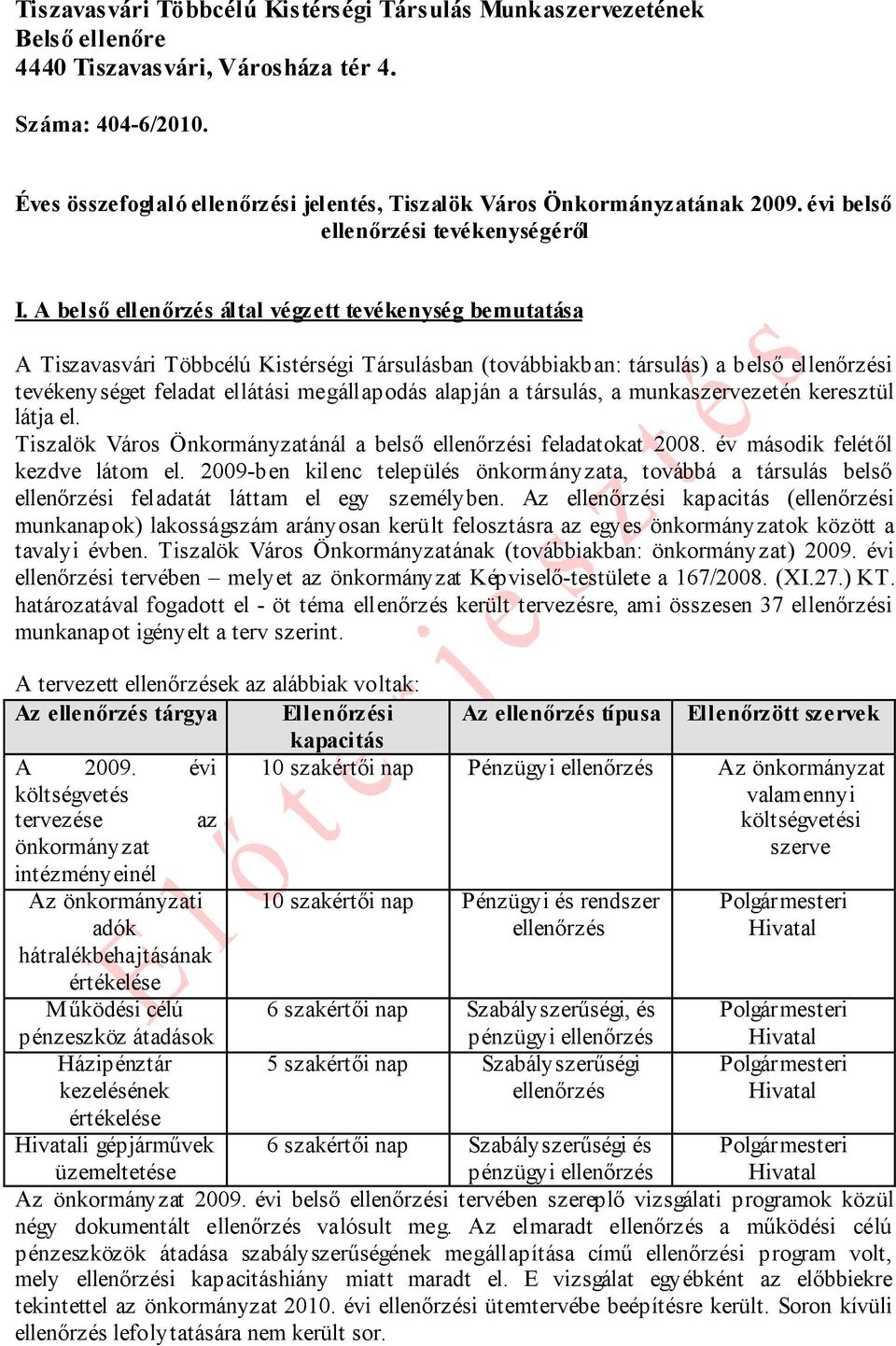 A belső ellenőrzés által végzett tevékenység bemutatása A Tiszavasvári Többcélú Kistérségi Társulásban (továbbiakban: társulás) a belső ellenőrzési tevékenységet feladat ellátási megállapodás alapján