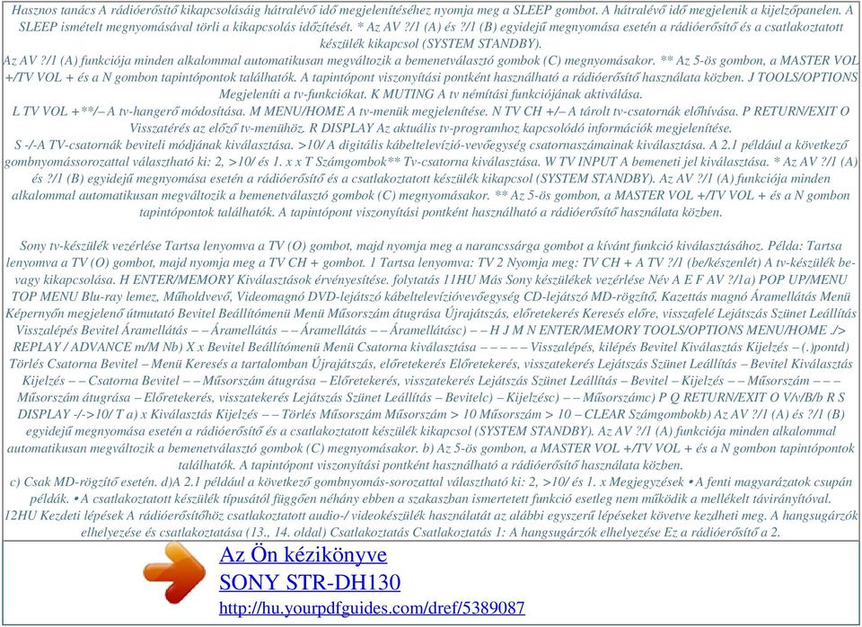 ** Az 5-ös gombon, a MASTER VOL +/TV VOL + és a N gombon tapintópontok találhatók. A tapintópont viszonyítási pontként használható a rádióerősítő használata közben.