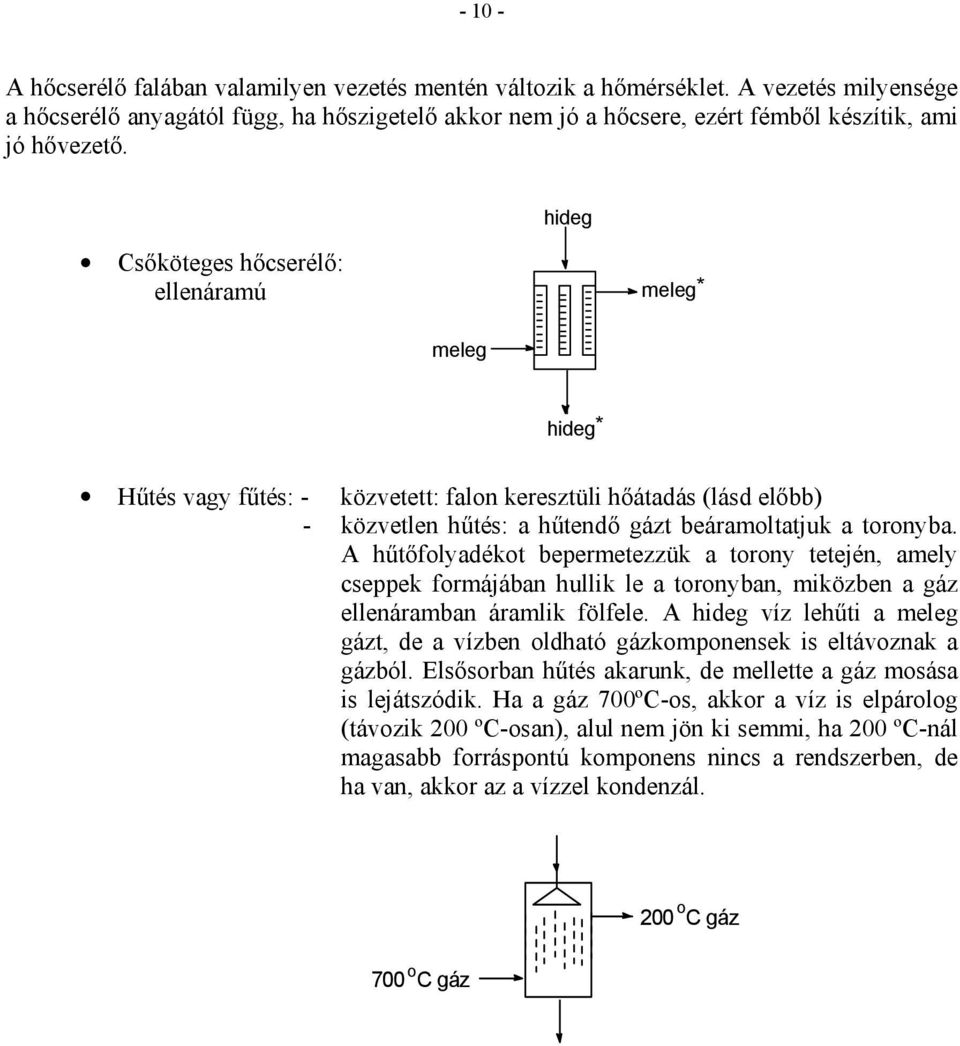 hideg Csőköteges hőcserélő: ellenáramú meleg* meleg hideg* Hűtés vagy fűtés: - közvetett: falon keresztüli hőátadás (lásd előbb) - közvetlen hűtés: a hűtendő gázt beáramoltatjuk a toronyba.