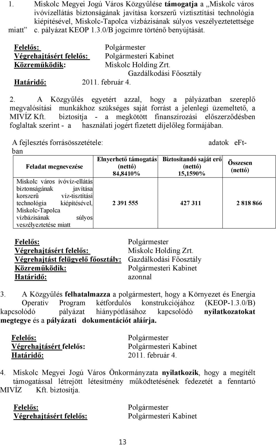 Gazdálkodási Főosztály Határidő: 2011. február 4. 2. A Közgyűlés egyetért azzal, hogy a pályázatban szereplő megvalósítási munkákhoz szükséges saját forrást a jelenlegi üzemeltető, a MIVÍZ Kft.