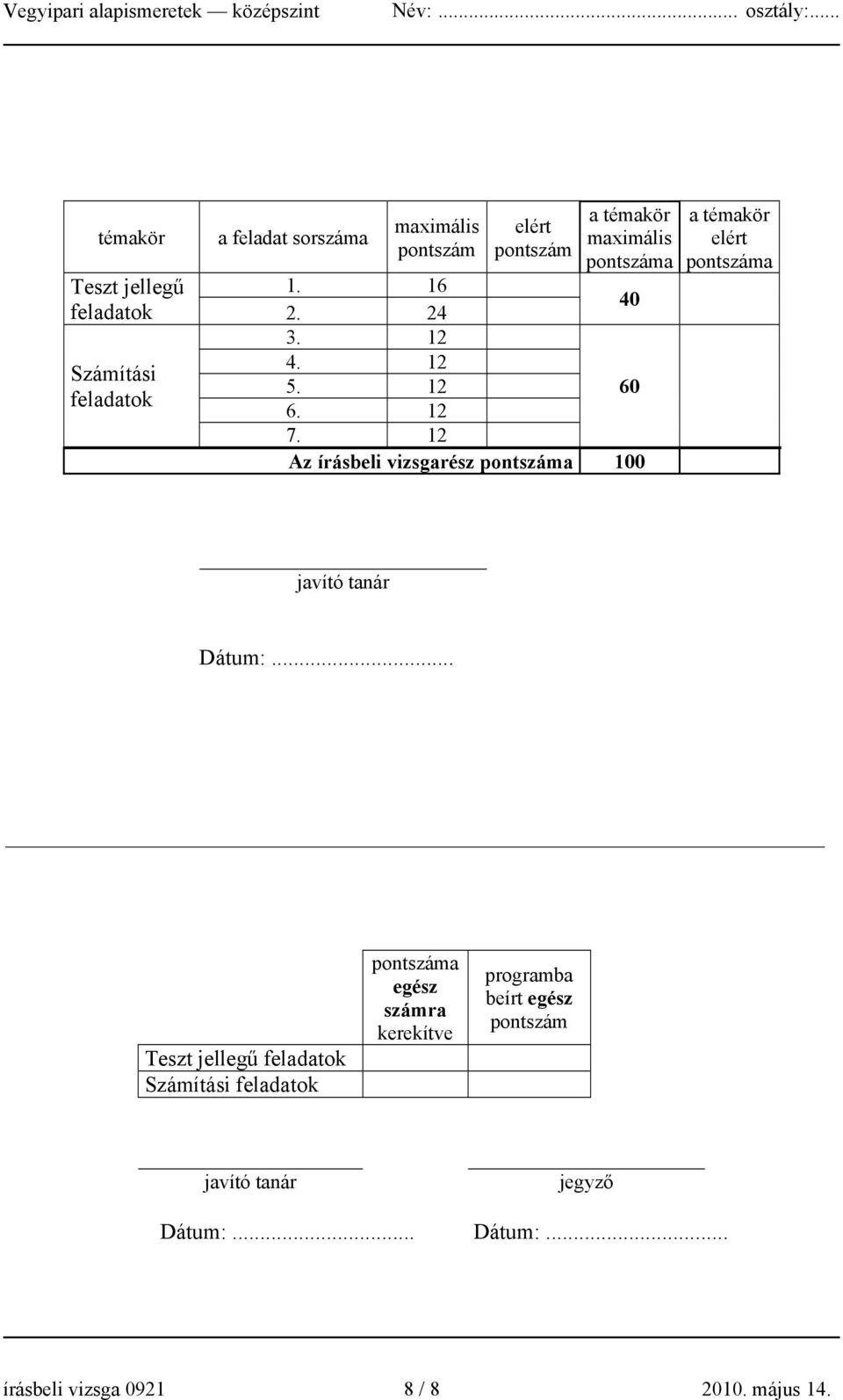 1 z írásbeli vizsgarész pontszáma 100 a témakör elért pontszáma javító tanár Dátum:.