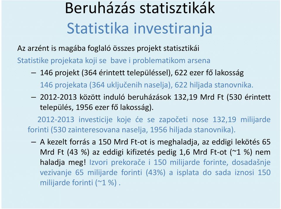 2012 2013 között induló beruházások 132,19 Mrd Ft (530 érintett település, lé 1956 ezer fő lk lakosság).