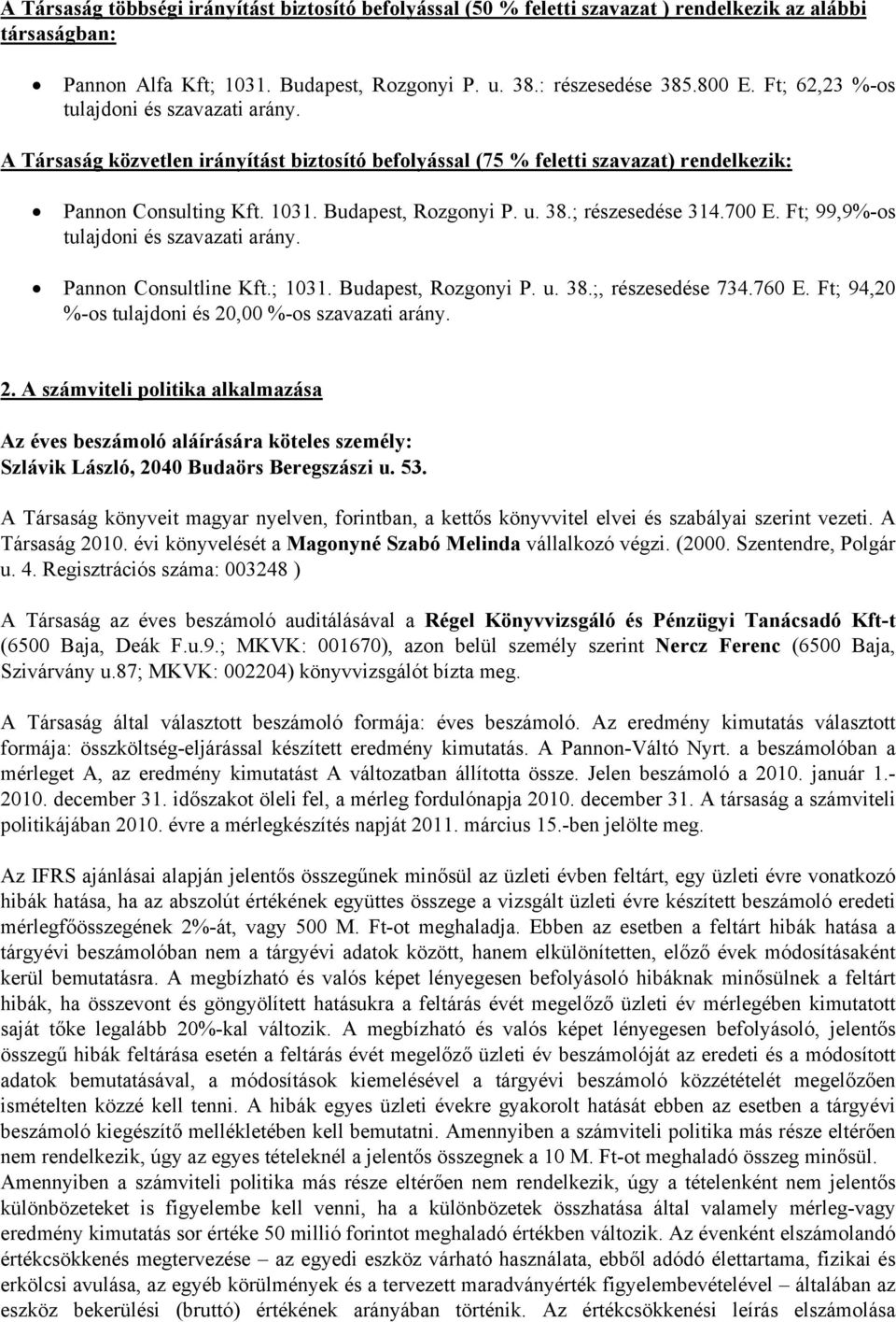 ; rszesedse 314.700 E. Ft; 99,9%-os tulajdoni s szavazati arny. Pannon Consultline Kft.; 1031. Budapest, Rozgonyi P. u. 38.;, rszesedse 734.760 E. Ft; 94,20 %-os tulajdoni s 20,00 %-os szavazati arny.