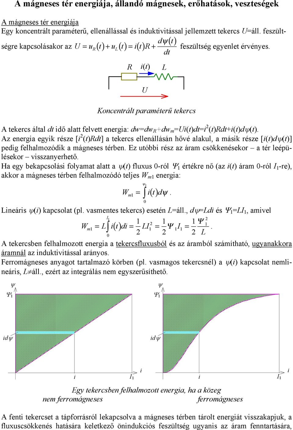 energa egyk része [ (t)rdt] a tekercs ellenállásán hővé alakul, a másk része [(t)dψ(t)] pedg felhalmozódk a mágneses térben Ez utóbb rész az áram csökkenésekor a tér leépülésekor vsszanyerhető Ha egy