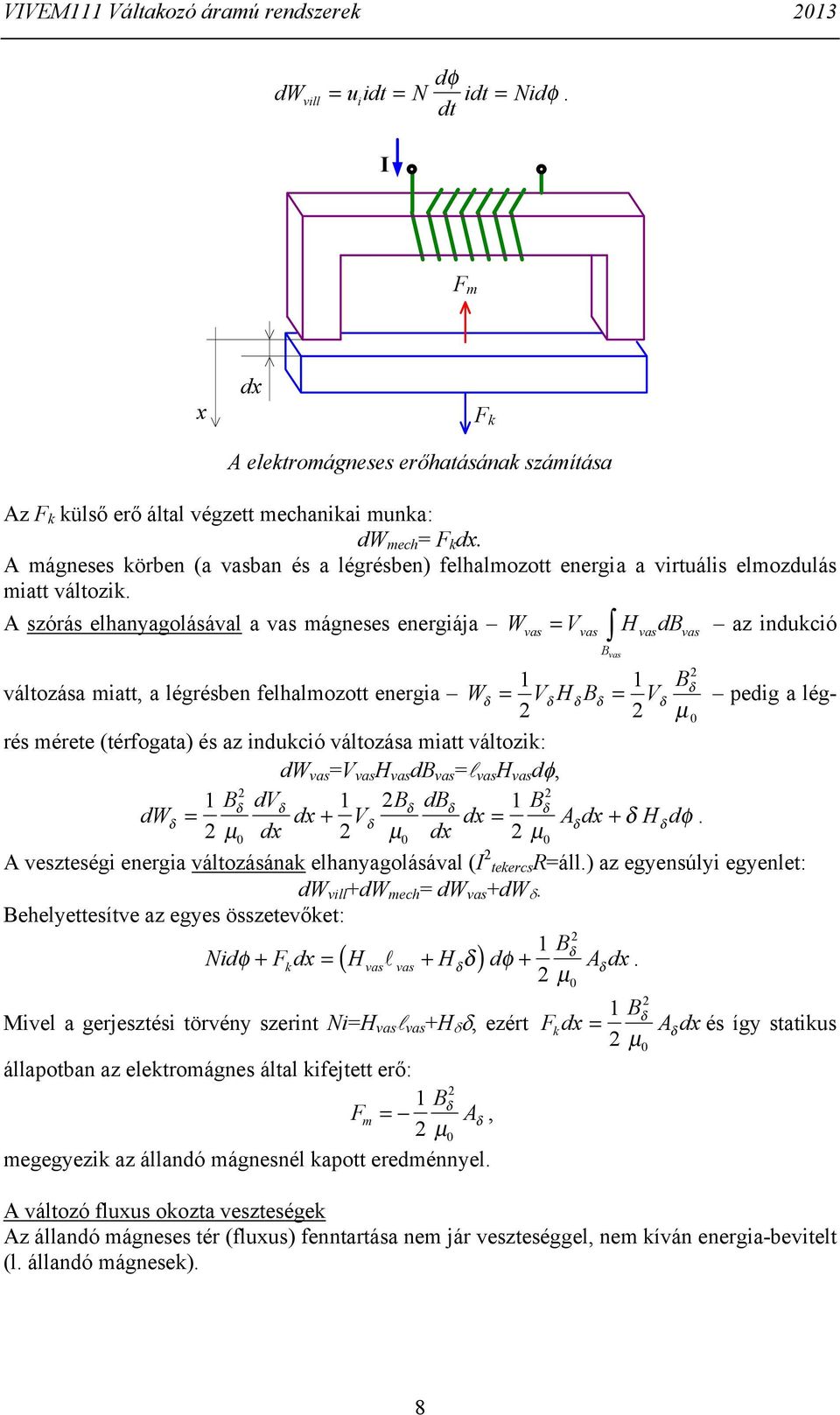 felhalmozott energa W V H V pedg a légrés mérete (térfogata) és az ndukcó változása matt változk: µ dw vas V vas H vas d vas l vas H vas dφ, dv dw dx dx V d dx dx + Adx + Hd φ µ µ µ A veszteség