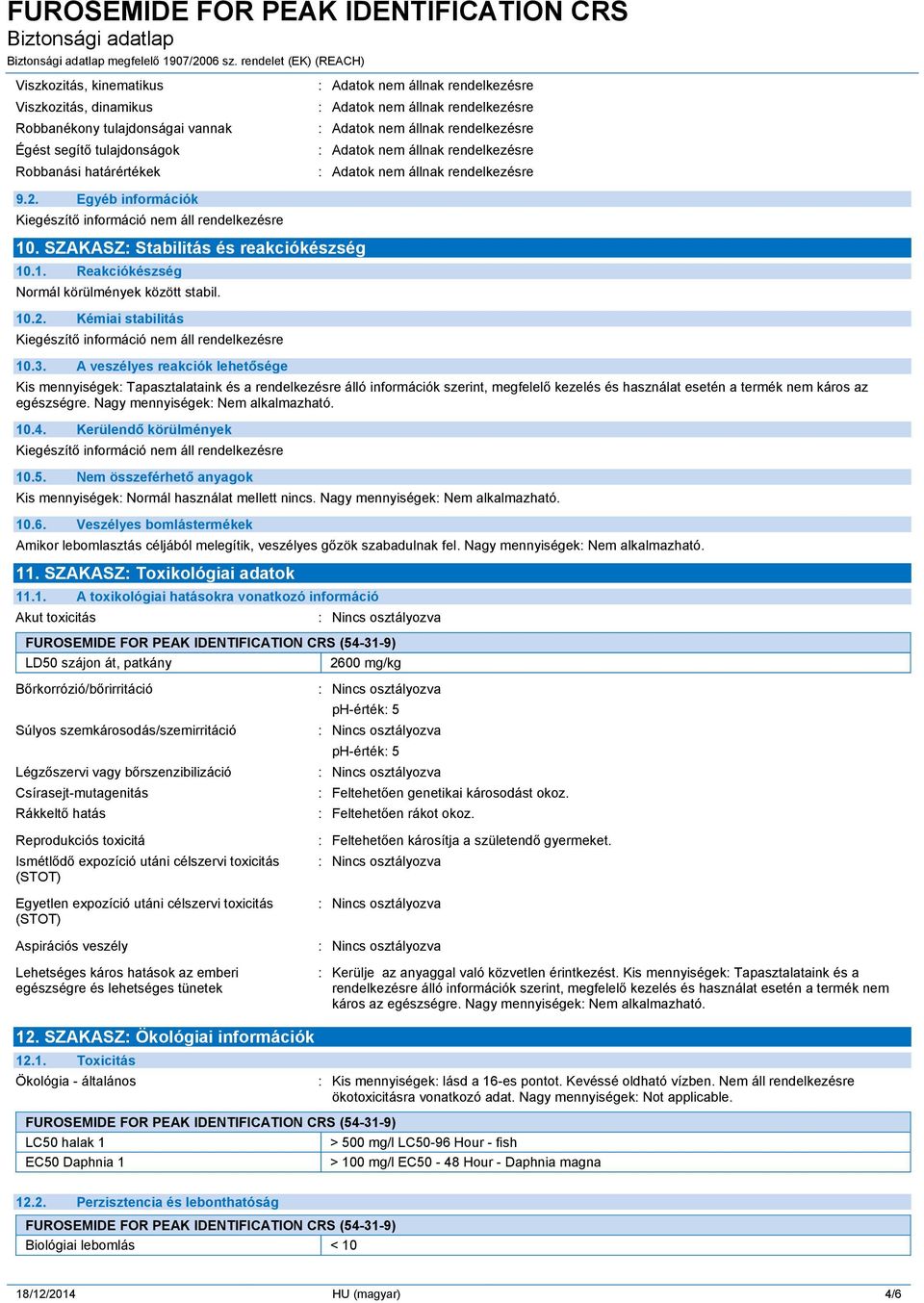 A veszélyes reakciók lehetősége Kis mennyiségek: Tapasztalataink és a rendelkezésre álló információk szerint, megfelelő kezelés és használat esetén a termék nem káros az egészségre. Nagy mennyiségek:.