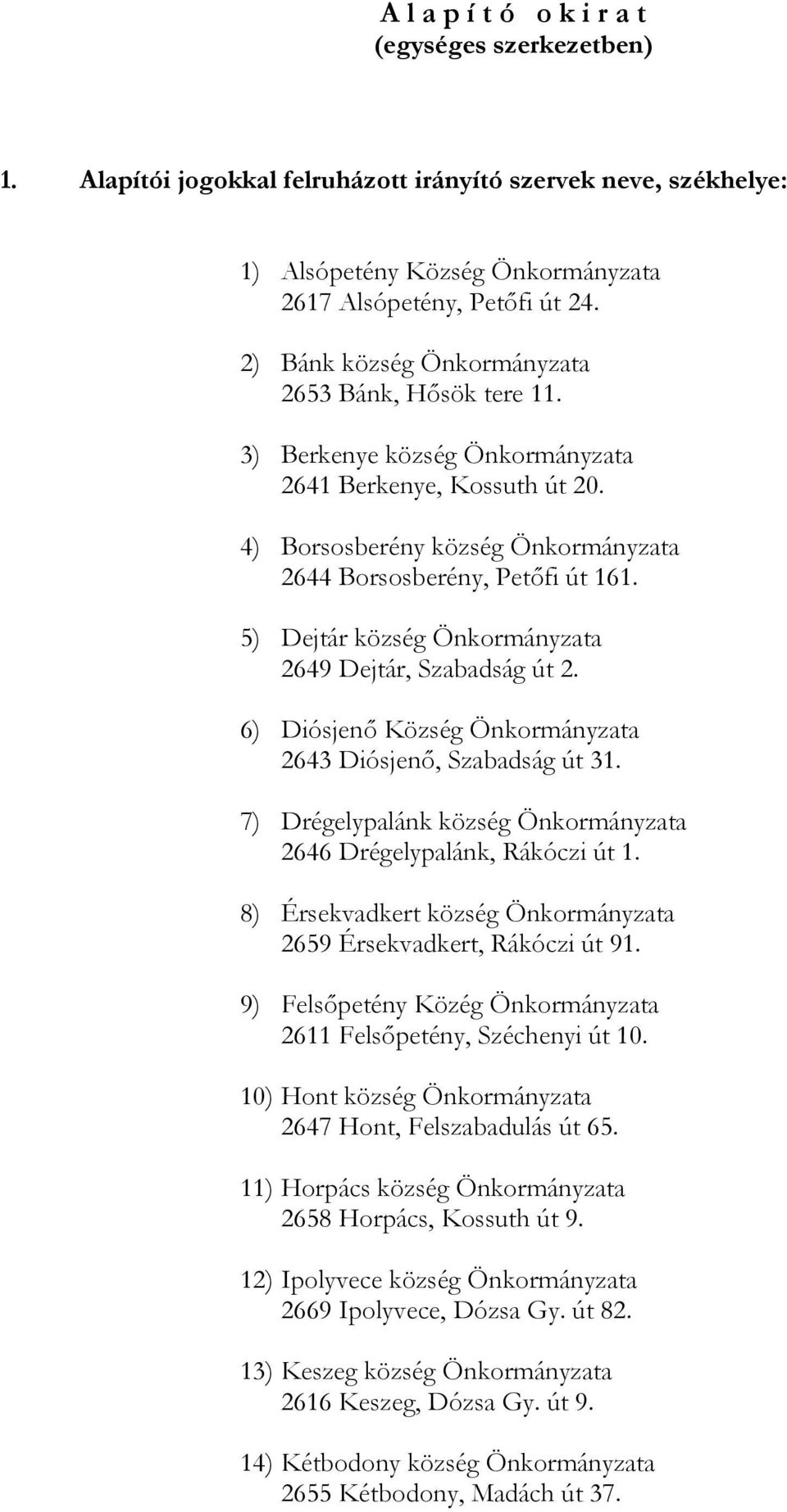 5) Dejtár község Önkormányzata 2649 Dejtár, Szabadság út 2. 6) Diósjenő Község Önkormányzata 2643 Diósjenő, Szabadság út 31. 7) Drégelypalánk község Önkormányzata 2646 Drégelypalánk, Rákóczi út 1.