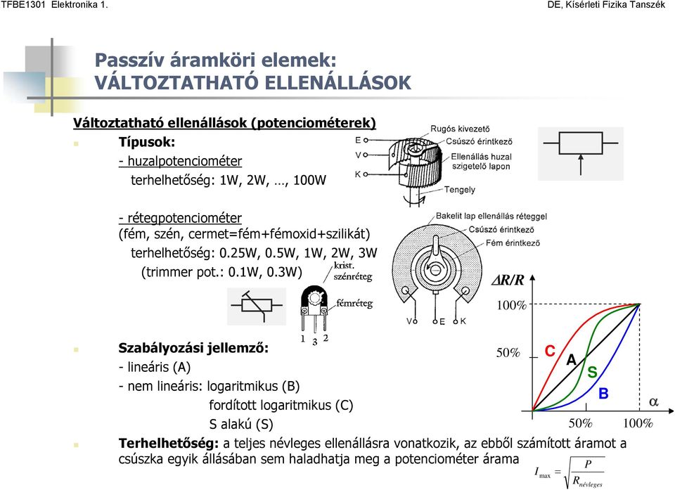 3W) ΔR/R 100% Szabályozási jellemző: 50% C A -lineáris(a) S - nem lineáris: logaritmikus (B) B fordított logaritmikus (C) S alakú (S) 50% 100%