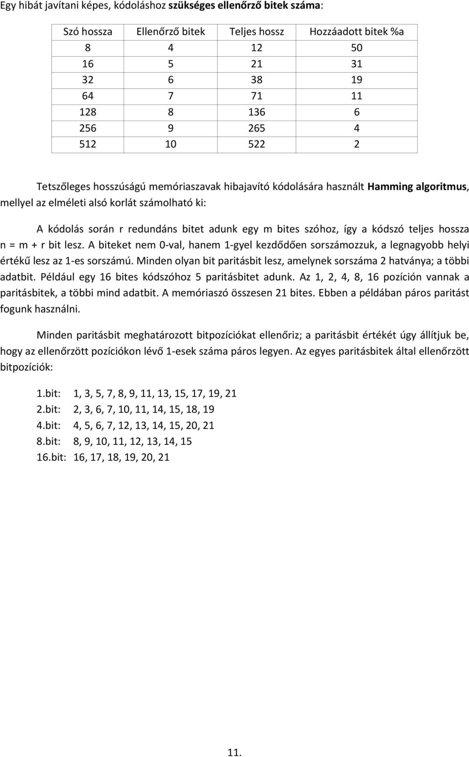 a kódszó teljes hossza n = m + r bit lesz. A biteket nem -val, hanem -gyel kezdődően sorszámozzuk, a legnagyobb helyi értékű lesz az -es sorszámú.