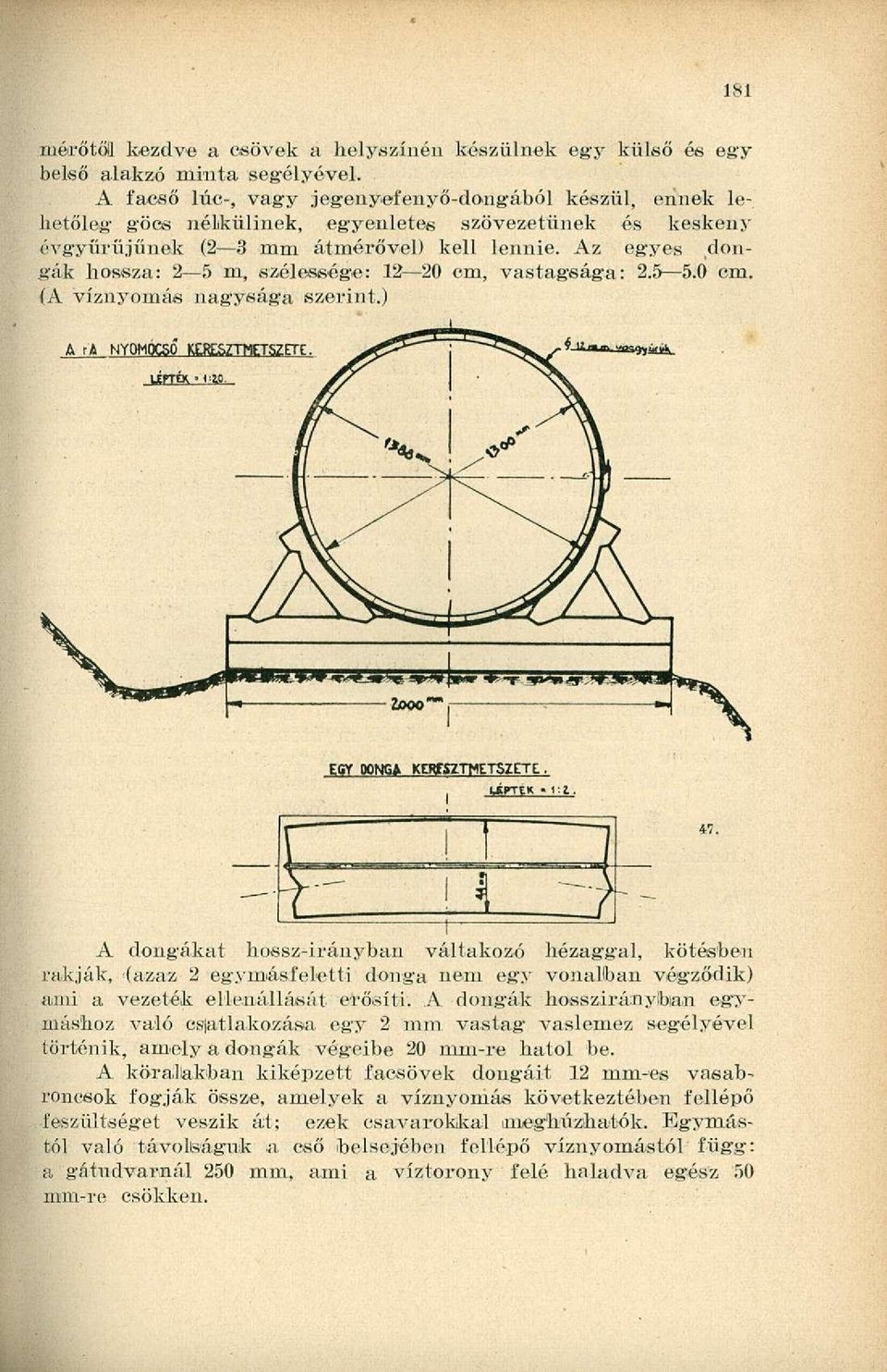 Az egyes dongák hossza: 2 5 m, szélessége: 12 20 cm, vastagsága: 2.5 5.0 cm. (A víznyomás nagysága szerint.) EGYOONGA KERESZTMETSZETE.