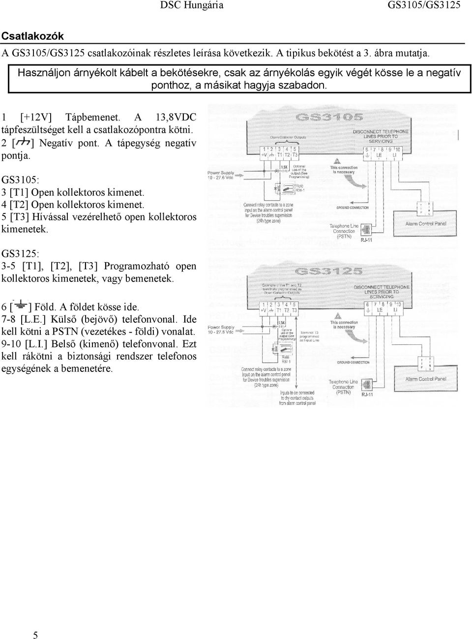 A 13,8VDC tápfeszültséget kell a csatlakozópontra kötni. 2 [ ] Negatív pont. A tápegység negatív pontja. GS3105: 3 [T1] Open kollektoros kimenet. 4 [T2] Open kollektoros kimenet.