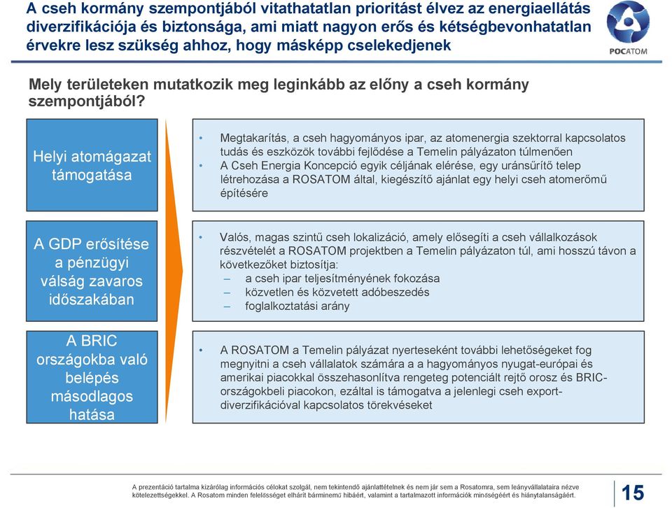 Helyi atomágazat támogatása Megtakarítás, a cseh hagyományos ipar, az atomenergia szektorral kapcsolatos tudás és eszközök további fejlődése a Temelin pályázaton túlmenően A Cseh Energia Koncepció