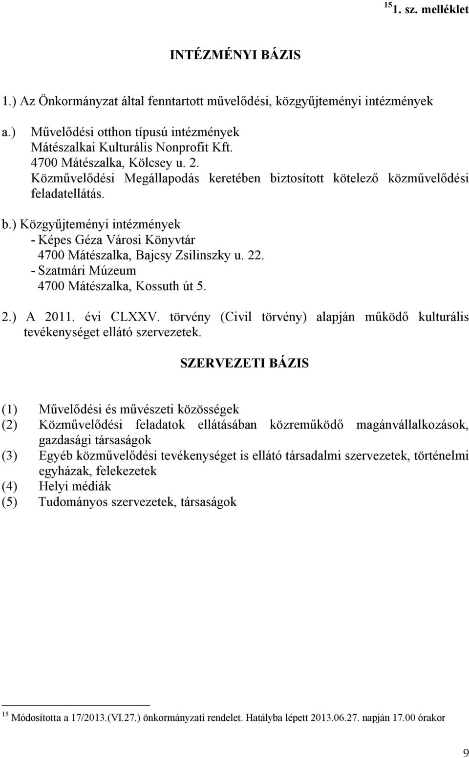 22. - Szatmári Múzeum 4700 Mátészalka, Kossuth út 5. 2.) A 2011. évi CLXXV. törvény (Civil törvény) alapján működő kulturális tevékenységet ellátó szervezetek.