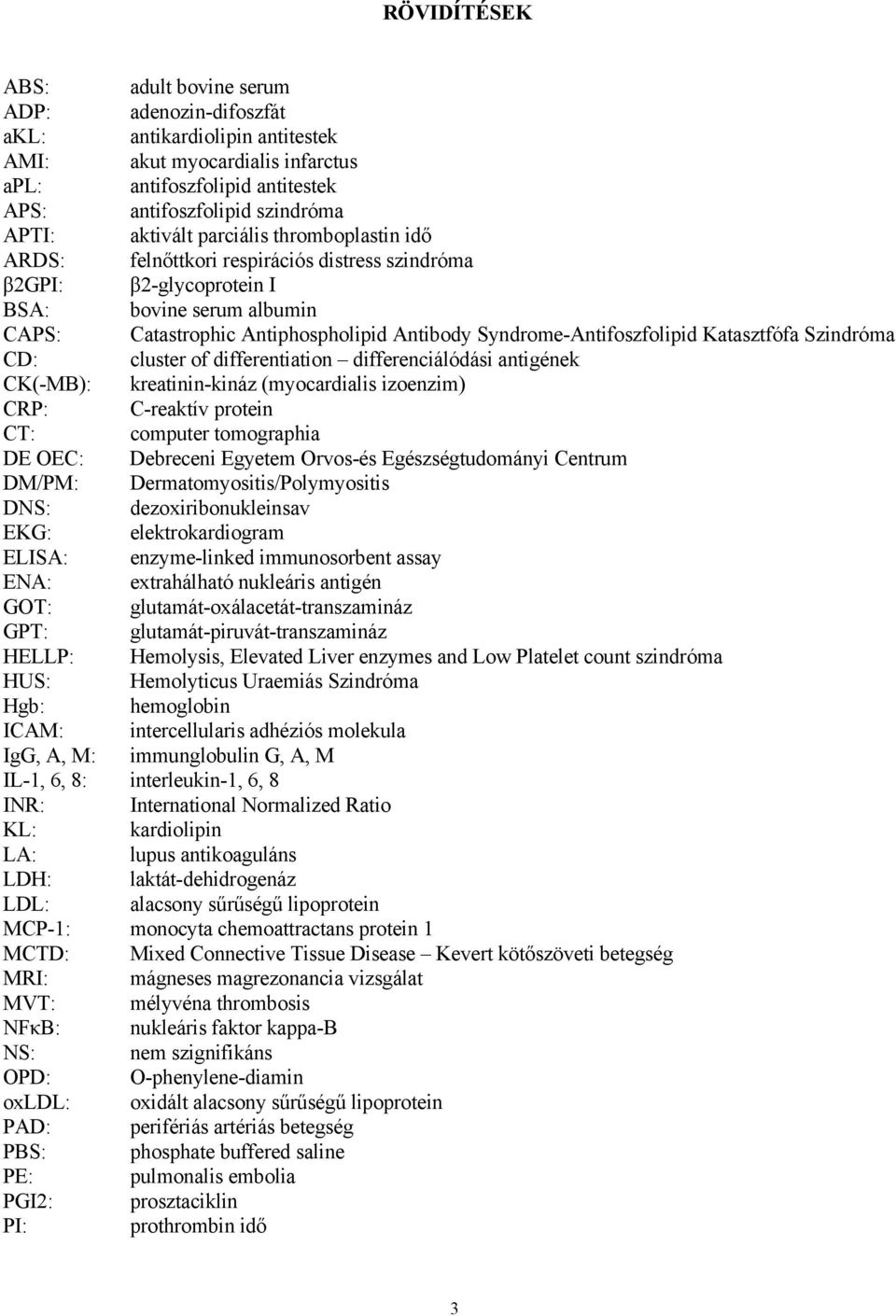 Syndrome-Antifoszfolipid Katasztfófa Szindróma CD: cluster of differentiation differenciálódási antigének CK(-MB): kreatinin-kináz (myocardialis izoenzim) CRP: C-reaktív protein CT: computer