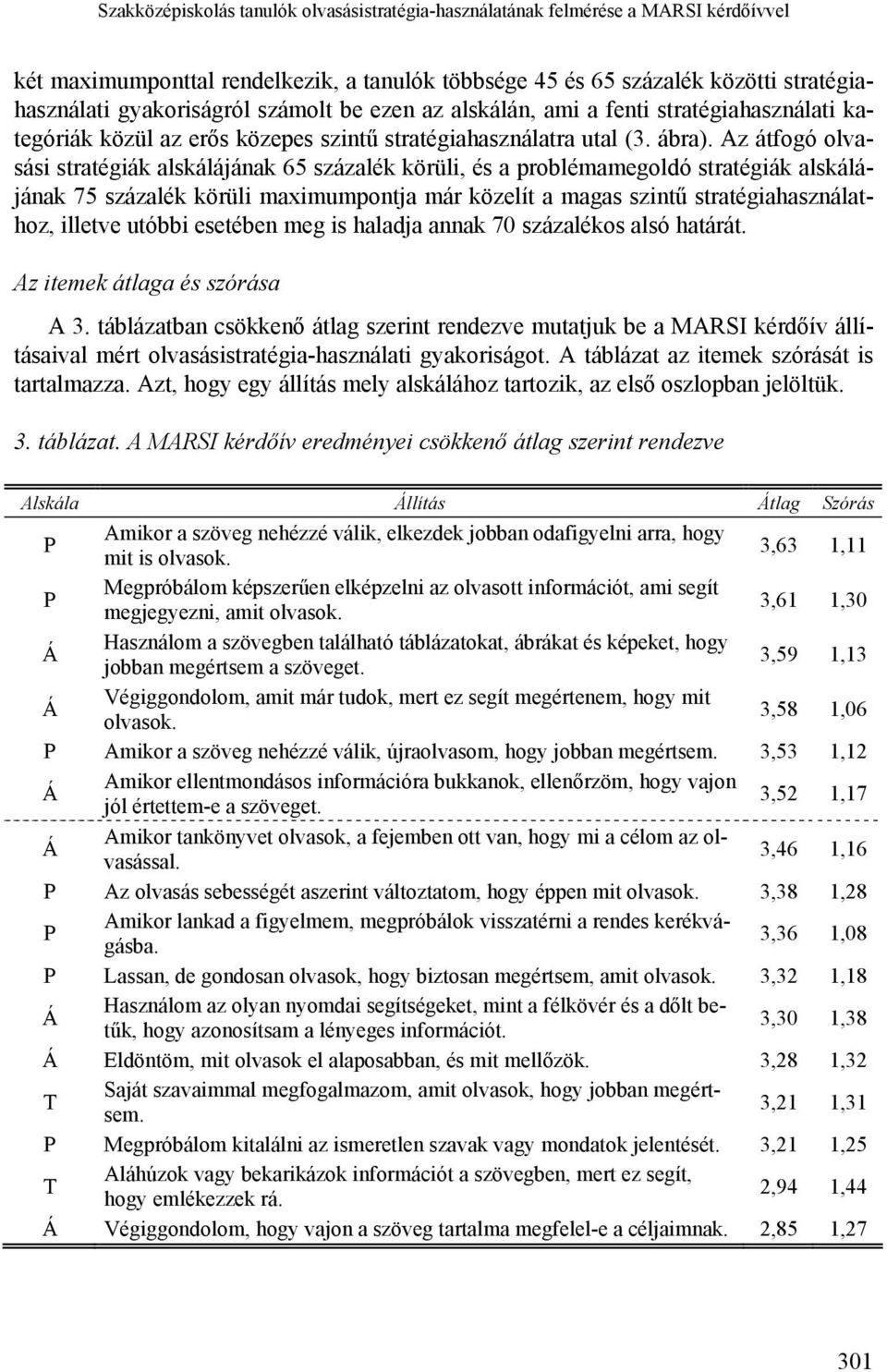 Az átfogó olvasási stratégiák alskálájának 65 százalék körüli, és a problémamegoldó stratégiák alskálájának 75 százalék körüli maximumpontja már közelít a magas szintű stratégiahasználathoz, illetve