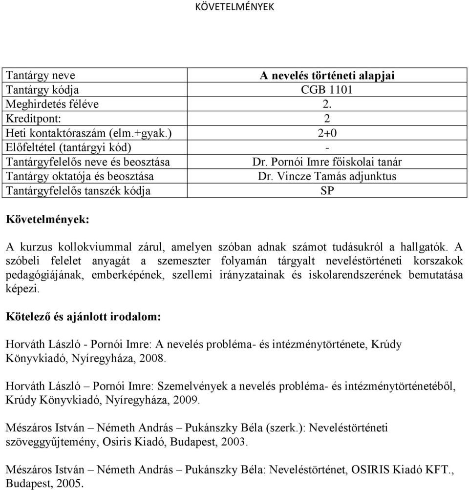 A szóbeli felelet anyagát a szemeszter folyamán tárgyalt neveléstörténeti korszakok pedagógiájának, emberképének, szellemi irányzatainak és iskolarendszerének bemutatása képezi.