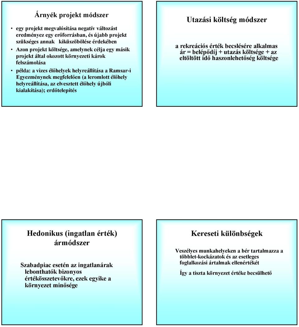 kialakítása); erdőtelepítés Utazási költség módszer a rekreációs érték becslésére alkalmas ár = belépődíj + utazás költsége + az eltöltött idő haszonlehetőség költsége Hedonikus (ingatlan érték)