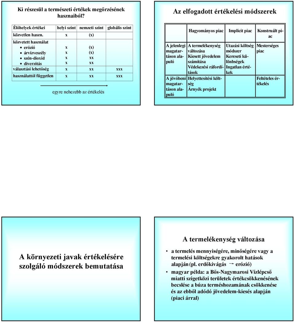 értékelési módszerek A jelenlegi magatartáson alapuló A jövőbeni magatartáson alapuló Hagyományos piac Implicit piac Konstruált piac A termelékenység változása Kiesett jövedelem számítása Védekezési