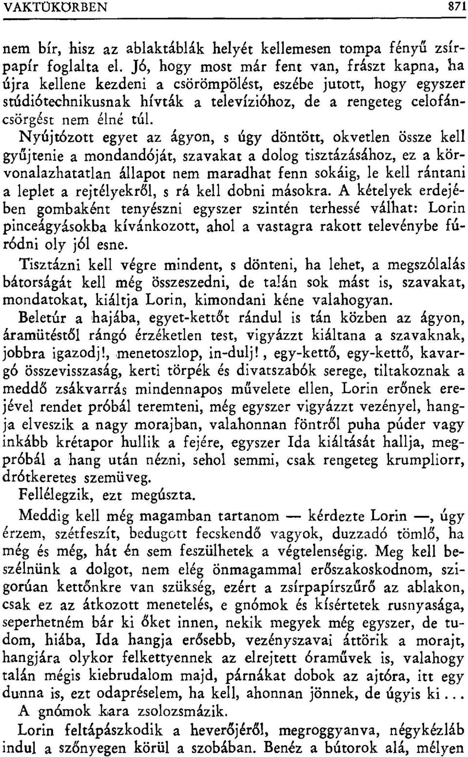 Nyújtózott egyet az ágyon, s úgy döntött, okvetlen össze kell gyűjtenie a mondandóját, szavakat a dolog tisztázásához, ez a körvonalazhatatlan állapot nem maradhat fenn sokáig, le kell rántani a