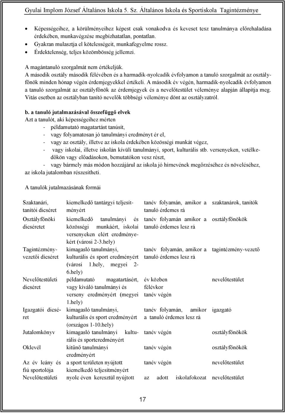 A második osztály második félévében és a harmadik-nyolcadik évfolyamon a tanuló szorgalmát az osztályfőnök minden hónap végén érdemjegyekkel értékeli.