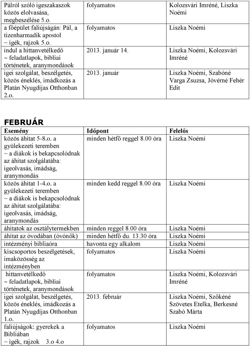 00 óra áhítatok az osztálytermekben minden reggel 8.00 óra áhítat az óvodában (óvónők) minden hétfő du. 13.