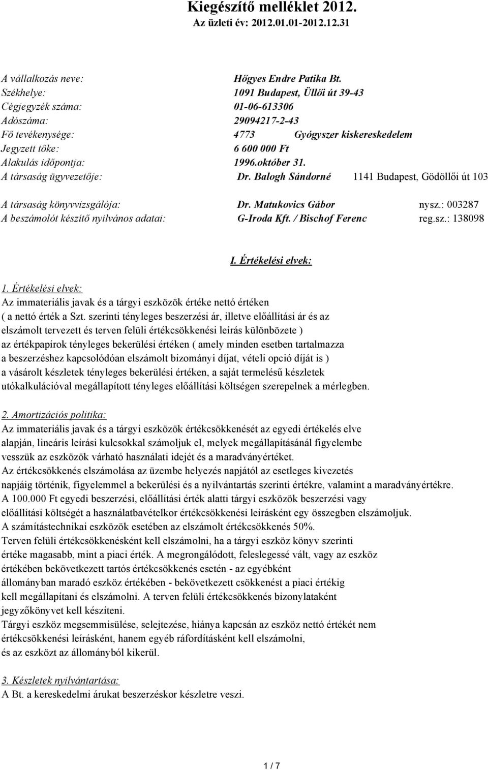 A társaság ügyvezetője: Dr. Balogh Sándorné 1141 Budapest, Gödöllői út 103 A társaság könyvvizsgálója: Dr. Matukovics Gábor nysz.: 003287 A beszámolót készítő nyilvános adatai: G-Iroda Kft.