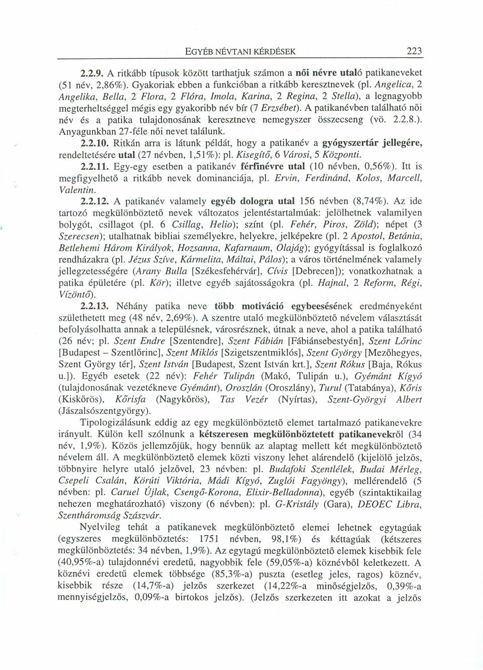 A patikanévben található női név és a patika tulajdonosának keresztneve nemegyszer összecseng (vö. 2.2.8.). Anyagunkban 27-féle női nevet találunk. 2.2.10.