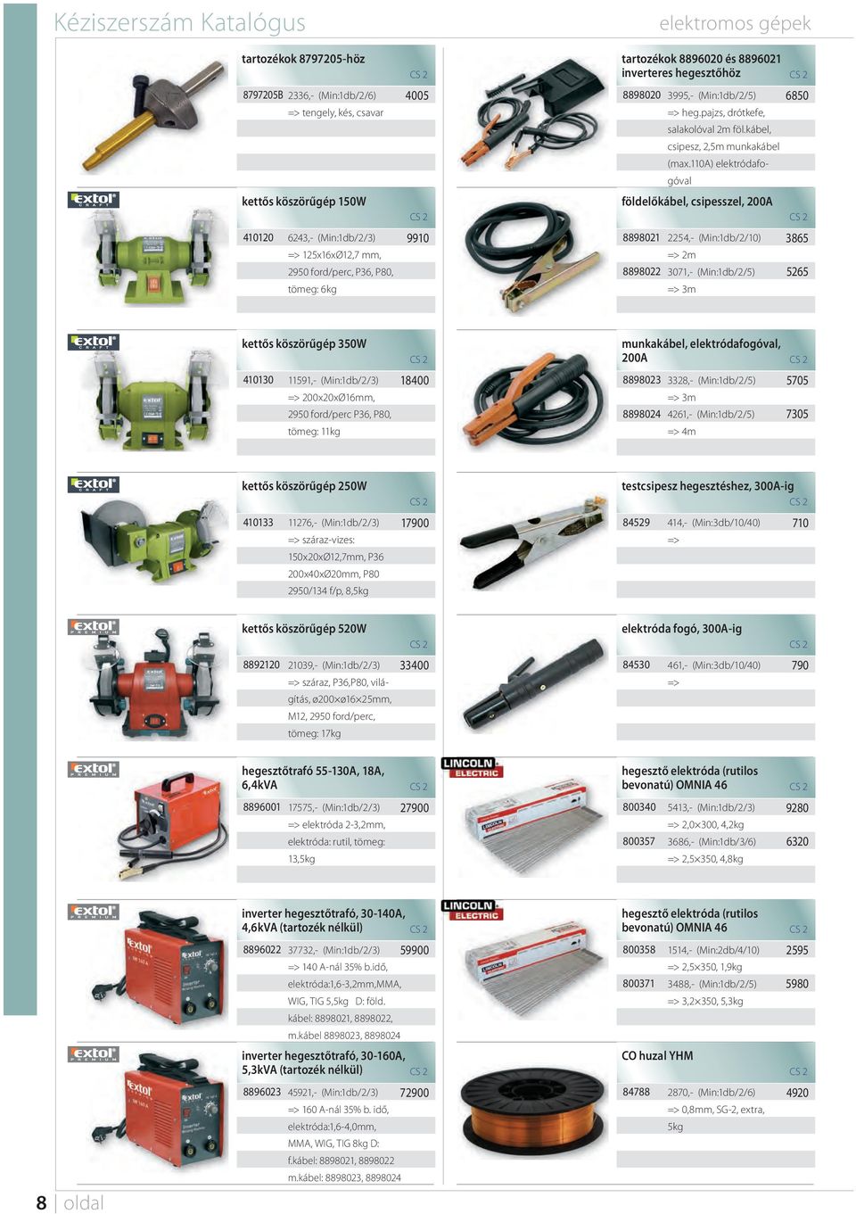 0a) elektródafogóval 6850 kettős köszörűgép 50W földelőkábel, csipesszel, 200A 4020 6243,- (Min:db/2/3) => 25x6xØ2,7 mm, 2950 ford/perc, P36, P80, tömeg: 6kg 990 889802 8898022 2254,- (Min:db/2/0) =>