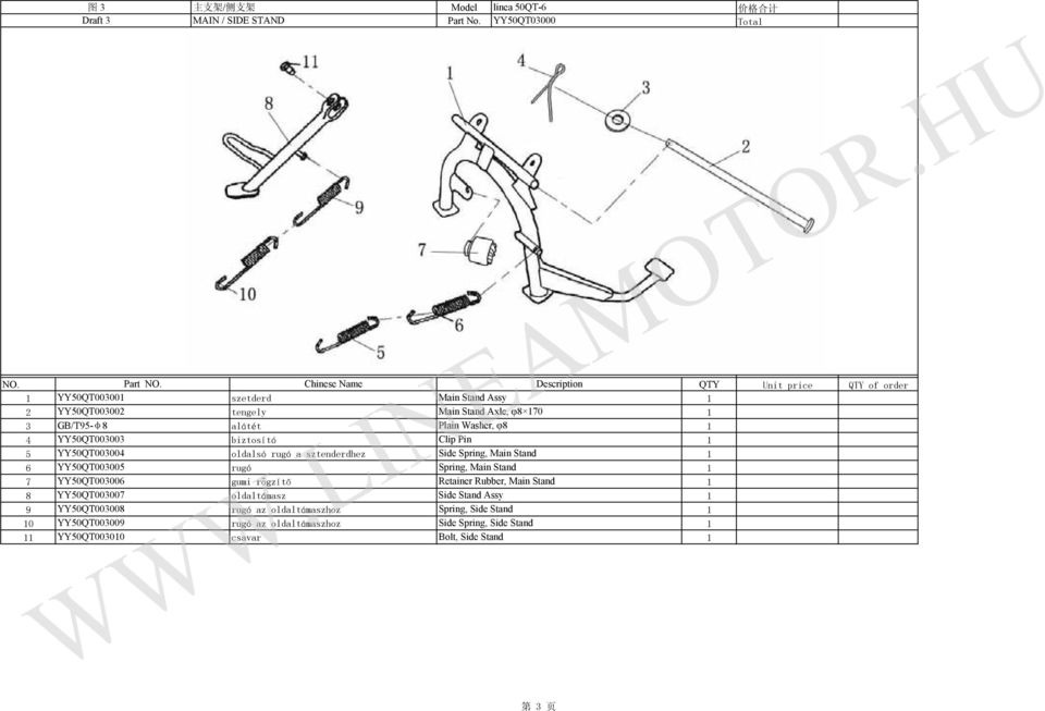 YY50QT003005 rugó Spring, Main Stand 7 YY50QT003006 gumi rögzítő Retainer Rubber, Main Stand 8 YY50QT003007 oldaltámasz Side Stand Assy 9