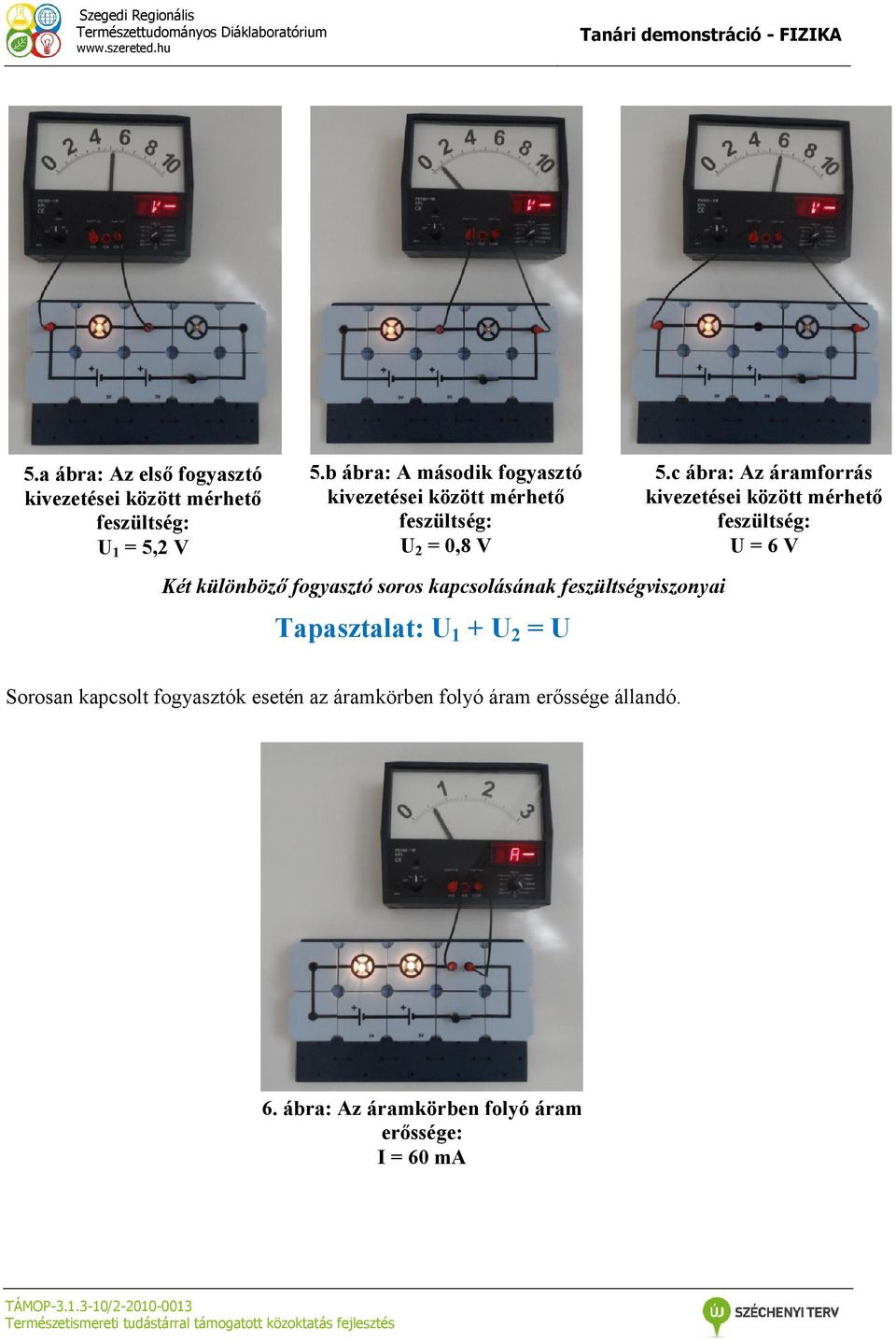 feszültségviszonyai Tapasztalat: U 1 + U 2 = U Sorosan kapcsolt fogyasztók esetén