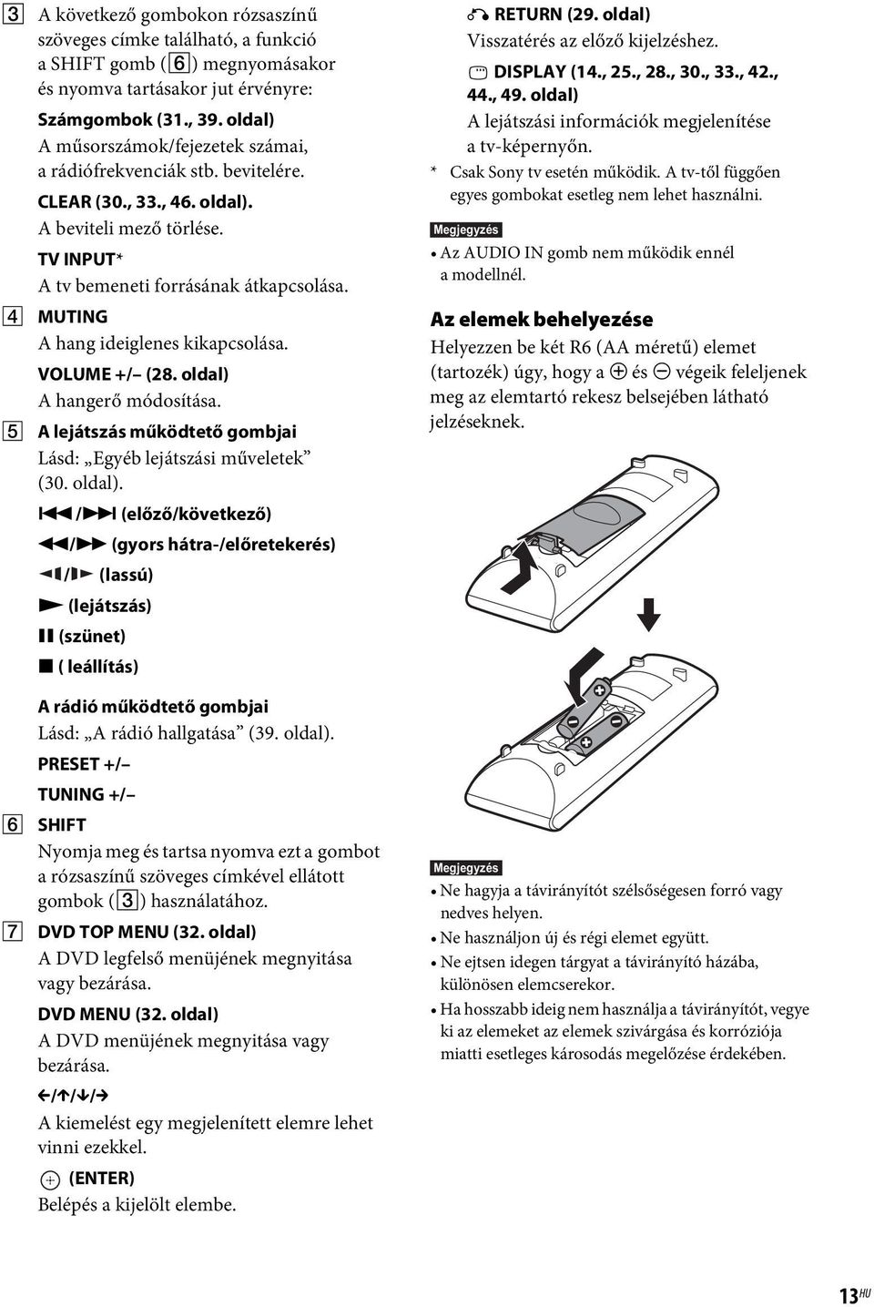 D MUTING A hang ideiglenes kikapcsolása. VOLUME +/ (28. oldal) 