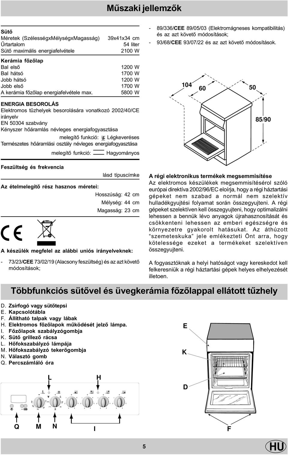 800 W ENERGIA BESOROLÁS Elektromos tûzhelyek besorolására vonatkozó 2/0/CE irányelv EN 00 szabvány Kényszer hõáramlás névleges energiafogyasztása melegítõ funkció: Légkeveréses Természetes hõáramlási