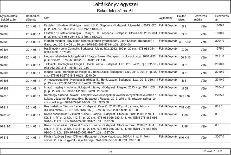 00 97803 Fiamért mindent : Egy afgán n harca elrabolt gyermekéért / Jean Sasson.-[Budapest] : Felnttkönyvt 301 S 22 Vétel 2004.0 Gabo, cop. 2012.-408 p.; 20 cm.- 978-963-689-571-6 fzött : 2004.