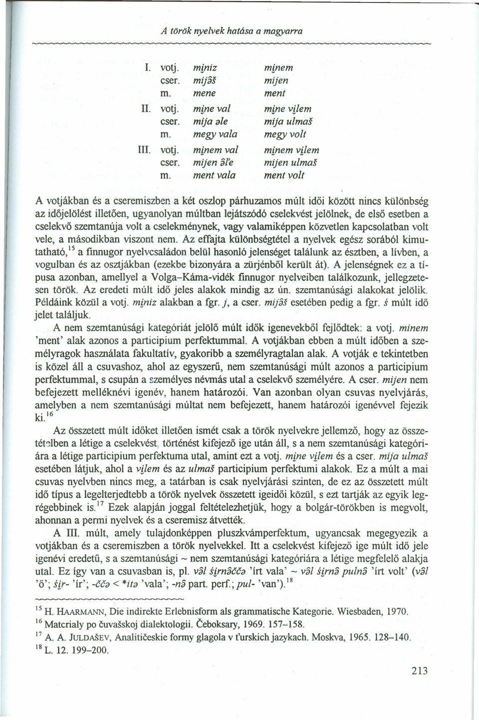 ment vala ment volt A votjákban és a cseremiszben a két oszlop párhuzamos múlt idői között nincs különbség az időjelölést illetően, ugyanolyan múltban lejátszódó cselekvést jelölnek, de első esetben