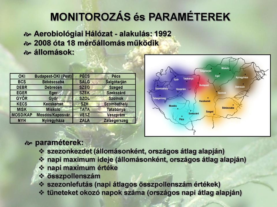 Mosdós/Kaposvár VESZ Veszprém NYH Nyíregyháza ZALA Zalaegerszeg paraméterek: szezonkezdet (állomásonként, országos átlag alapján) napi maximum ideje