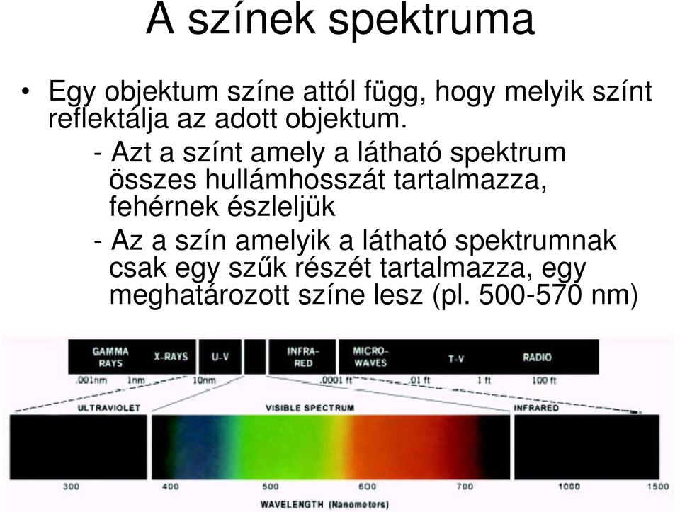 - Azt a színt amely a látható spektrum összes hullámhosszát tartalmazza,