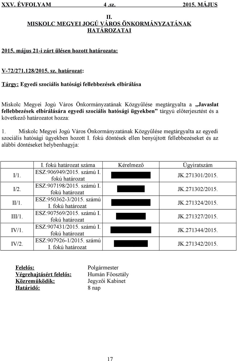 hatósági ügyekben tárgyú előterjesztést és a következő határozatot hozza: 1. Miskolc Megyei Jogú Város Önkormányzatának Közgyűlése megtárgyalta az egyedi szociális hatósági ügyekben hozott I.