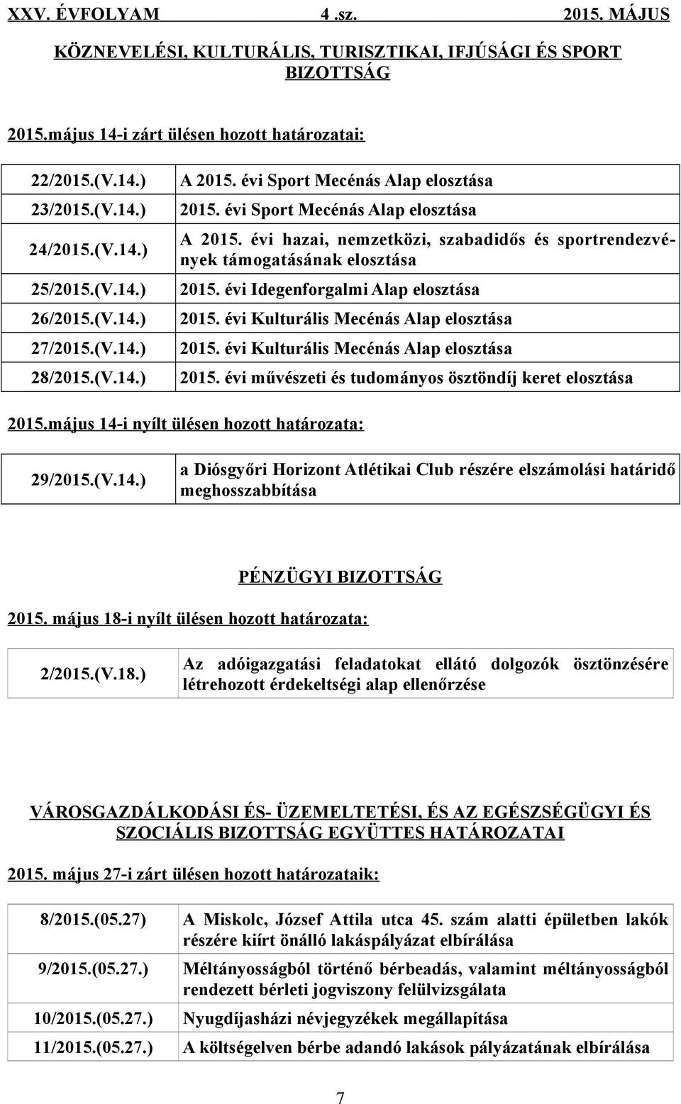 évi Idegenforgalmi Alap elosztása 2015. évi Kulturális Mecénás Alap elosztása 2015. évi Kulturális Mecénás Alap elosztása 2015. évi művészeti és tudományos ösztöndíj keret elosztása 2015.