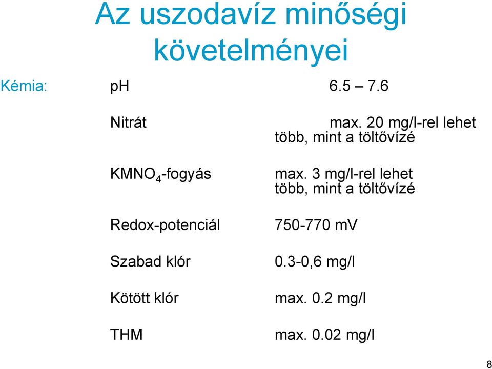 THM max. 20 mg/l-rel lehet több, mint a töltővízé max.