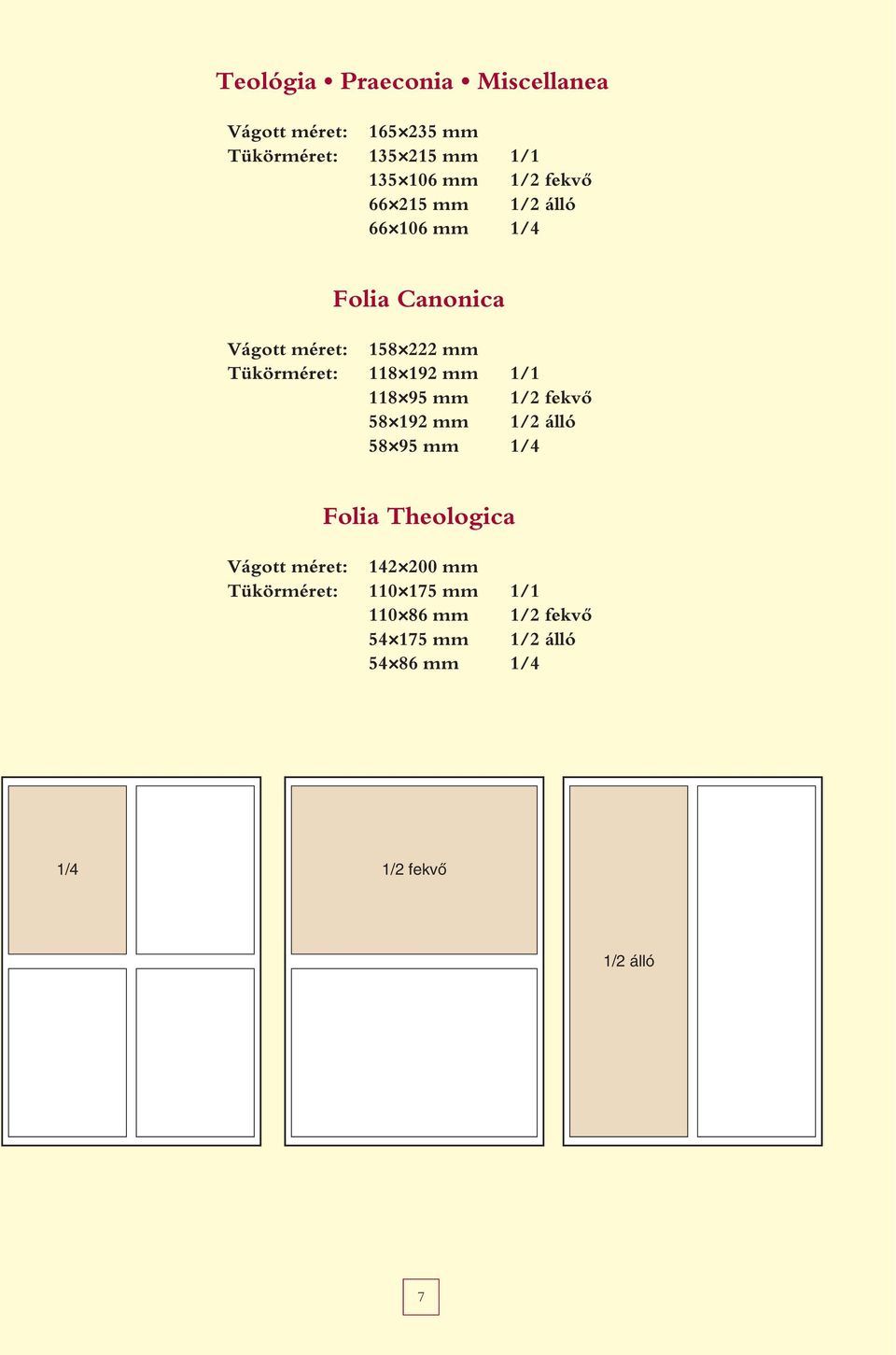 mm 1/1 118 95 mm 1/2 fekvô 58 192 mm 1/2 álló 58 95 mm 1/4 Folia Theologica Vágott méret: 142 200 mm