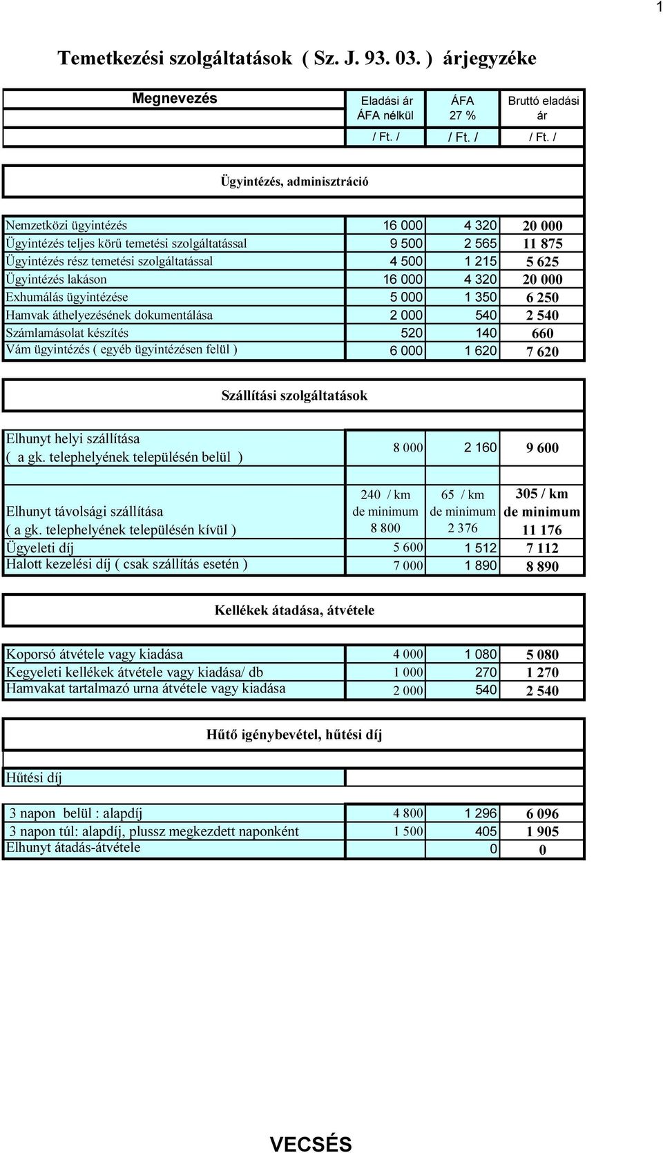 ügyintézésen felül ) 6 000 1 620 7 620 Szállítási szolgáltatások Elhunyt helyi szállítása ( a gk.